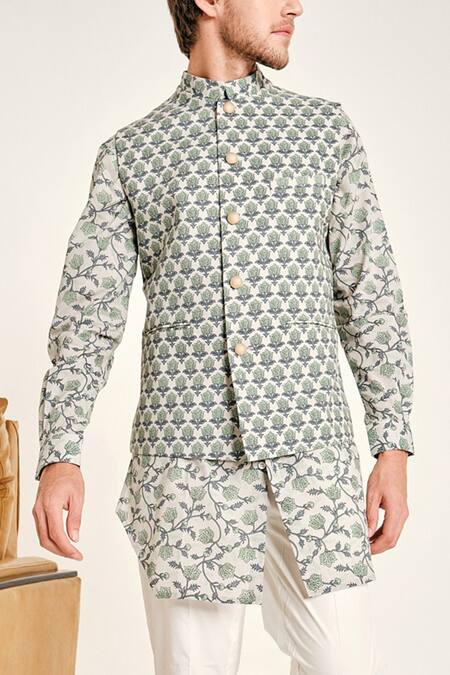 Buy_Project Bandi_Grey Cotton Printed Floral Bundi _Online_at_Aza_Fashions