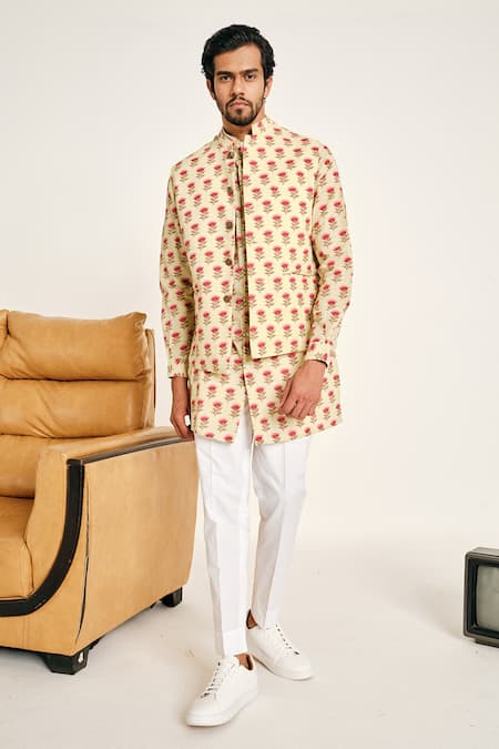 Shop Project Bandi Yellow Cotton Floral Bagh Printed Bundi at Aza Fashions Shop_Project Bandi_Yellow Cotton Floral Bagh Printed Bundi _at_Aza_Fashions