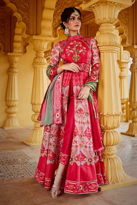 The Royaleum Pink Uppada Embroidered Floral High Printed Front Slit Anarkali Set 