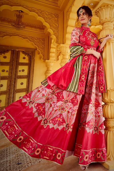 The Royaleum Pink Crepe, Uppada Floral, Geometric Print High Neck Front Slit Anarkali Set Online at Aza Fashions The Royaleum_Pink Crepe, Uppada Floral, Geometric Print High Neck Front Slit Anarkali Set_Online_at_Aza_Fashions