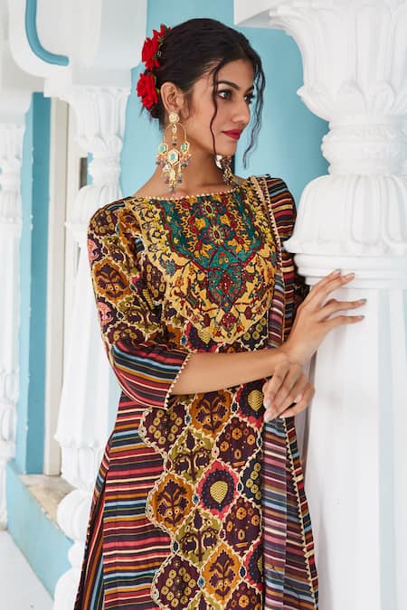 Buy The Royaleum Brown Crepe, Uppada Floral, Geometric Print Straight Kurta Pant Set Online at Aza Fashions Buy_The Royaleum_Brown Crepe, Uppada Floral, Geometric Print Straight Kurta Pant Set _Online_at_Aza_Fashions