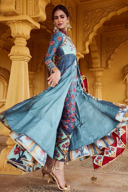 The Royaleum_Blue Raw Silk, Crepe Floral Round Print Anarkali Set_Online_at_Aza_Fashions