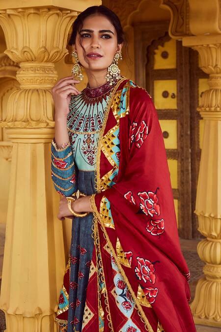 Buy_The Royaleum_Blue Raw Silk, Crepe Floral Round Print Anarkali Set_Online_at_Aza_Fashions