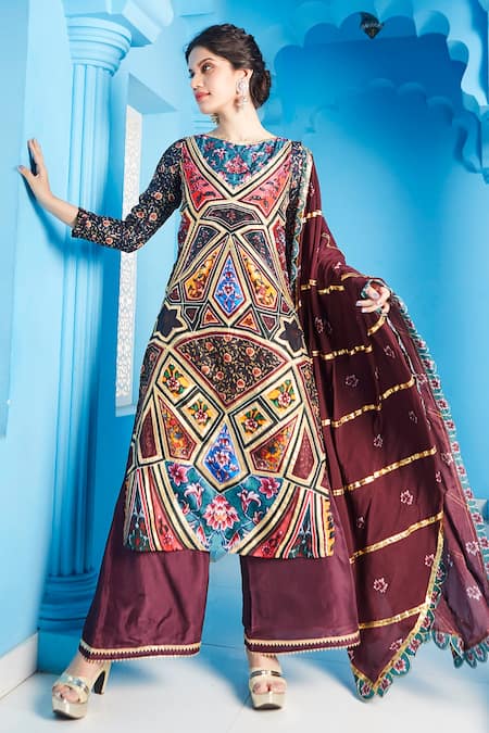 The Royaleum Brown Crepe, Silk Dupion Floral Round Printed Kurta Palazzo Set Online at Aza Fashions The Royaleum_Brown Crepe, Silk Dupion Floral Round Printed Kurta Palazzo Set_Online_at_Aza_Fashions
