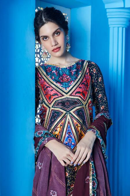 Buy The Royaleum Brown Crepe, Silk Dupion Floral Round Printed Kurta Palazzo Set Online at Aza Fashions Buy_The Royaleum_Brown Crepe, Silk Dupion Floral Round Printed Kurta Palazzo Set_Online_at_Aza_Fashions