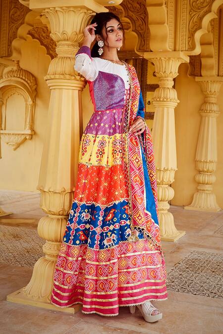 The Royaleum_Multi Color Crepe, Uppada Silk Patola Round Print Anarkali With Dupatta_Online_at_Aza_Fashions