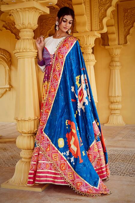Buy_The Royaleum_Multi Color Crepe, Uppada Silk Patola Round Print Anarkali With Dupatta_Online_at_Aza_Fashions