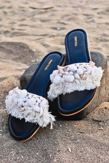 Foot Fuel_White Handmade Shell Embellished Flats _Online_at_Aza_Fashions