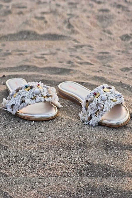 Buy_Foot Fuel_White Coin And Shell Embellished Flats _Online_at_Aza_Fashions