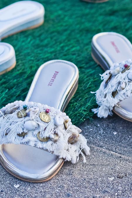 Shop_Foot Fuel_White Coin And Shell Embellished Flats _Online_at_Aza_Fashions