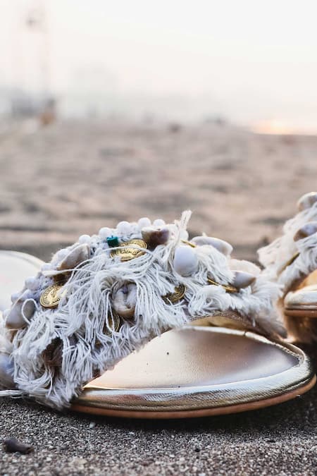 Foot Fuel_White Coin And Shell Embellished Flats _at_Aza_Fashions