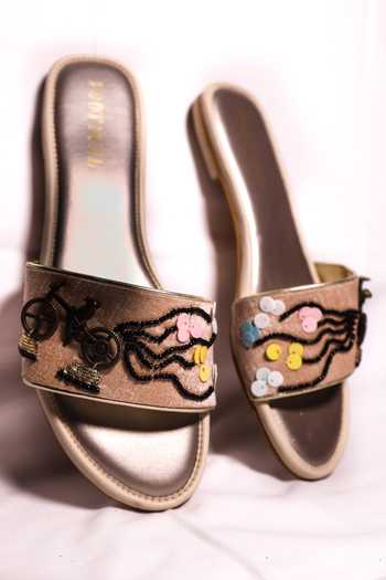 Foot Fuel_Beige Cycle Charm Embroidered Flats _Online_at_Aza_Fashions