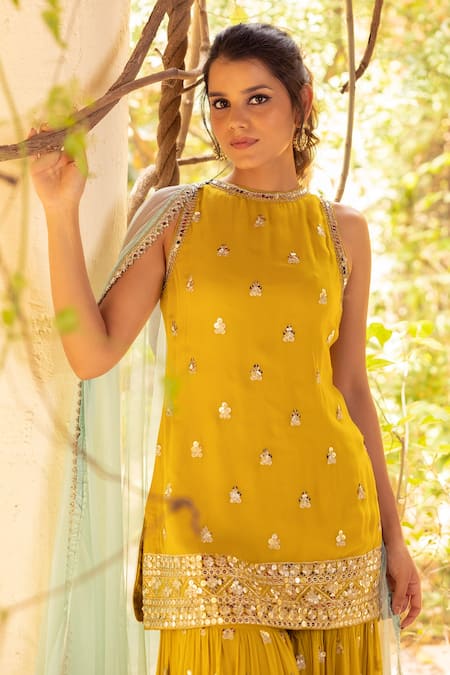 Basanti - Kapde Aur Koffee_Yellow Net, Georgette Mirror Work, Sequins High Neck Kurta Sharara Set _Online_at_Aza_Fashions