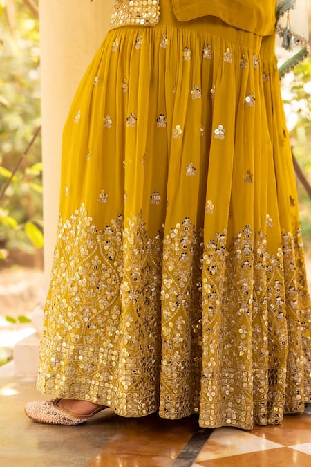 Shop_Basanti - Kapde Aur Koffee_Yellow Net, Georgette Mirror Work, Sequins High Neck Kurta Sharara Set _Online_at_Aza_Fashions