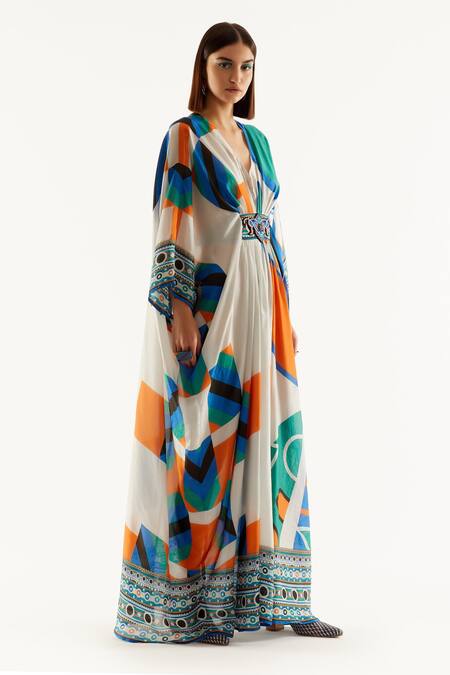 Rajdeep Ranawat_Multi Color Silk Geometric V Neck Imama Print Kaftan_Online_at_Aza_Fashions
