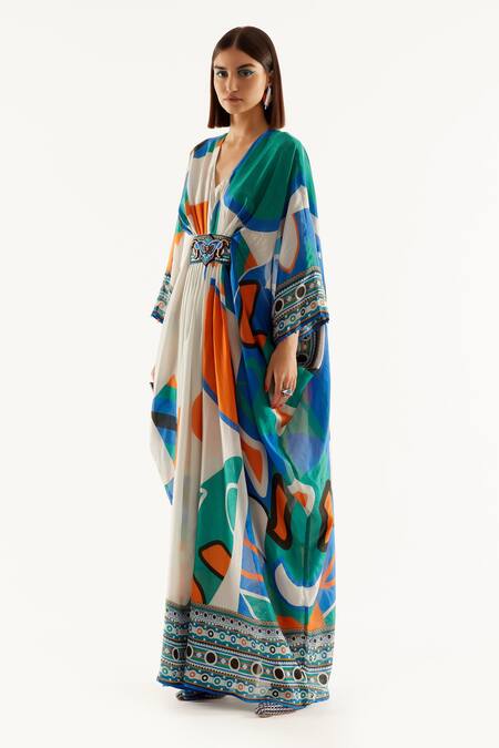 Buy_Rajdeep Ranawat_Multi Color Silk Geometric V Neck Imama Print Kaftan_Online_at_Aza_Fashions