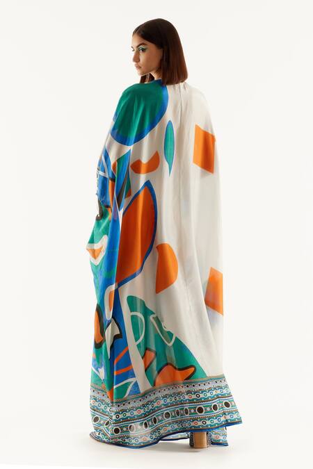 Shop_Rajdeep Ranawat_Multi Color Silk Geometric V Neck Imama Print Kaftan_Online_at_Aza_Fashions
