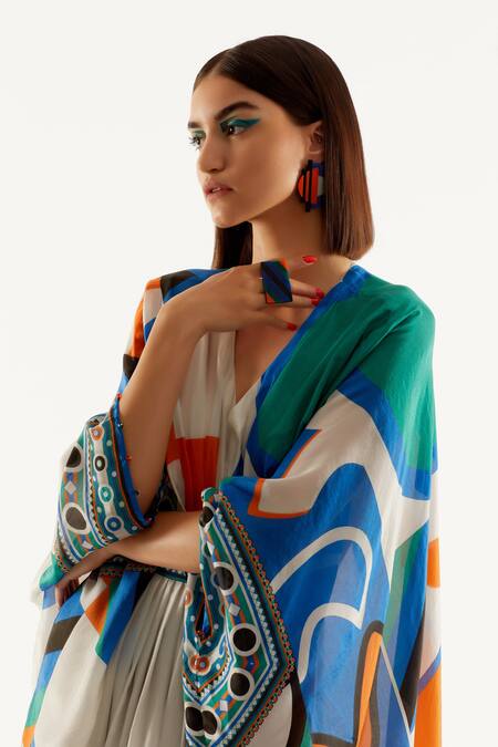 Rajdeep Ranawat_Multi Color Silk Geometric V Neck Imama Print Kaftan_at_Aza_Fashions