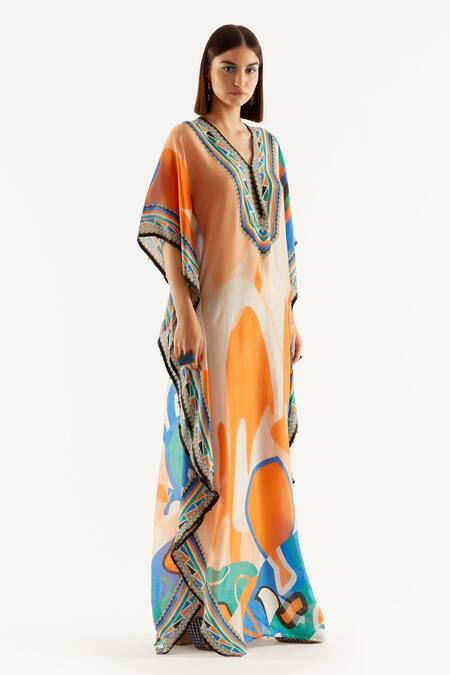 Rajdeep Ranawat_Multi Color Silk Geometric V Neck Elenor Printed Kaftan_Online_at_Aza_Fashions