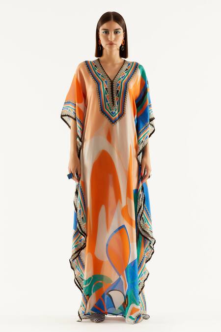 Buy_Rajdeep Ranawat_Multi Color Silk Geometric V Neck Elenor Printed Kaftan_Online_at_Aza_Fashions