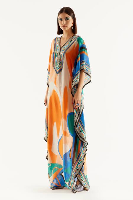 Shop_Rajdeep Ranawat_Multi Color Silk Geometric V Neck Elenor Printed Kaftan_Online_at_Aza_Fashions