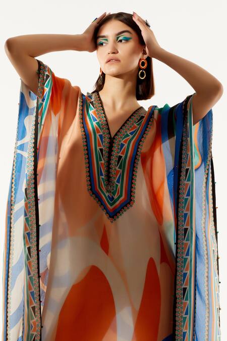 Rajdeep Ranawat_Multi Color Silk Geometric V Neck Elenor Printed Kaftan_at_Aza_Fashions
