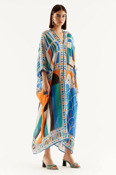Rajdeep Ranawat Multi Color Silk Geometric V Neck Majida Print Kaftan Online at Aza Fashions Rajdeep Ranawat_Multi Color Silk Geometric V Neck Majida Print Kaftan_Online_at_Aza_Fashions