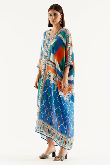 Buy Rajdeep Ranawat Multi Color Silk Geometric V Neck Majida Print Kaftan Online at Aza Fashions Buy_Rajdeep Ranawat_Multi Color Silk Geometric V Neck Majida Print Kaftan_Online_at_Aza_Fashions