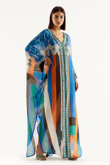 Shop_Rajdeep Ranawat_Multi Color Silk Geometric V Neck Verusha Print Kaftan_Online_at_Aza_Fashions