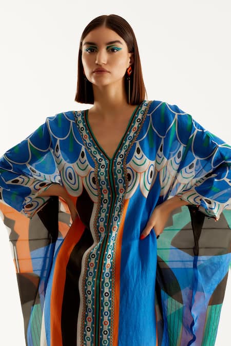 Rajdeep Ranawat_Multi Color Silk Geometric V Neck Verusha Print Kaftan_at_Aza_Fashions