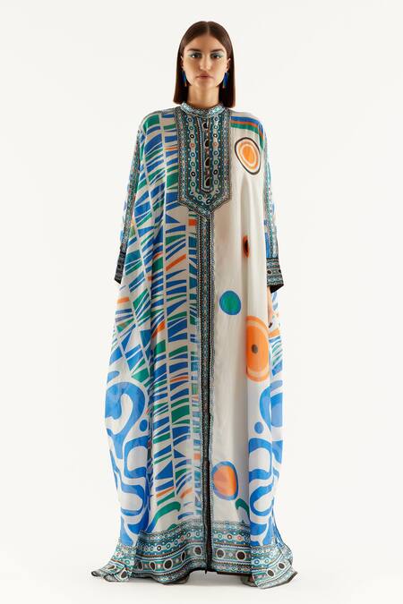 Rajdeep Ranawat_Blue Silk Geometric Band Collar Dakota Kaftan Tunic_Online_at_Aza_Fashions