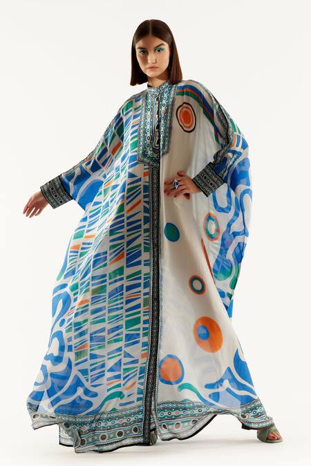Buy_Rajdeep Ranawat_Blue Silk Geometric Band Collar Dakota Kaftan Tunic_Online_at_Aza_Fashions
