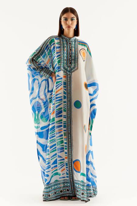 Shop_Rajdeep Ranawat_Blue Silk Geometric Band Collar Dakota Kaftan Tunic_Online_at_Aza_Fashions