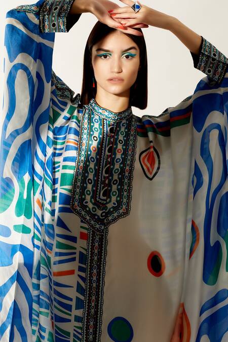 Rajdeep Ranawat_Blue Silk Geometric Band Collar Dakota Kaftan Tunic_at_Aza_Fashions