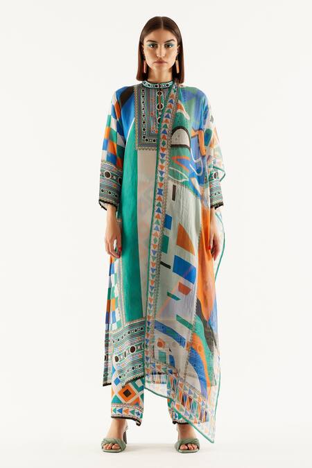 Buy_Rajdeep Ranawat_Multi Color , Satin, Kota Geometric Band Champa Print Tunic Pant Set_Online_at_Aza_Fashions