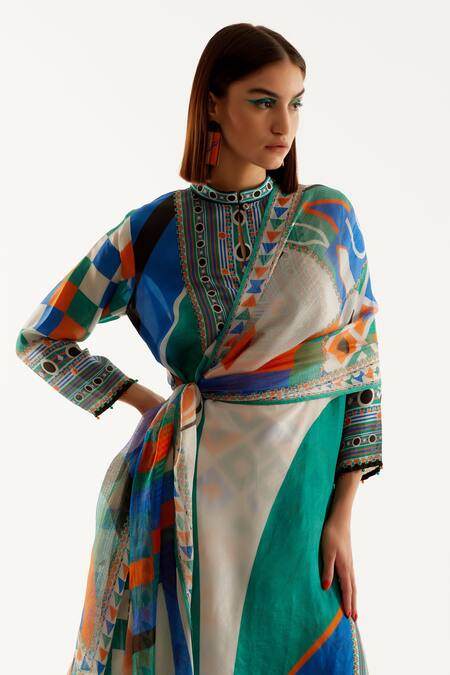 Shop_Rajdeep Ranawat_Multi Color , Satin, Kota Geometric Band Champa Print Tunic Pant Set_Online_at_Aza_Fashions