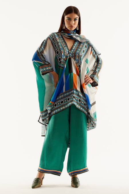 Buy_Rajdeep Ranawat_Multi Color Silk, Satin Geometric V Neck Dalilah Kaftan Tunic And Pant Set_Online_at_Aza_Fashions