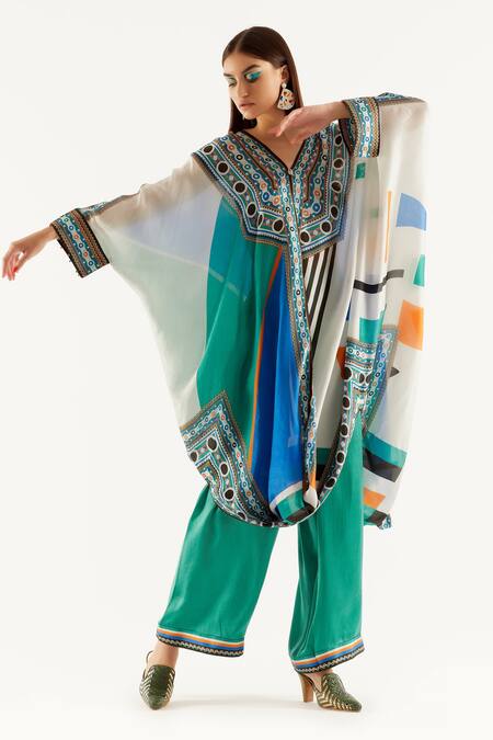 Shop_Rajdeep Ranawat_Multi Color Silk, Satin Geometric V Neck Dalilah Kaftan Tunic And Pant Set_Online_at_Aza_Fashions