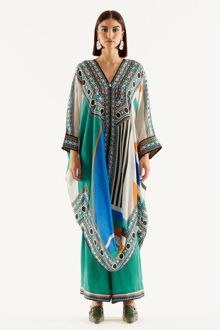 Rajdeep Ranawat_Multi Color Silk, Satin Geometric V Neck Dalilah Kaftan Tunic And Pant Set_at_Aza_Fashions