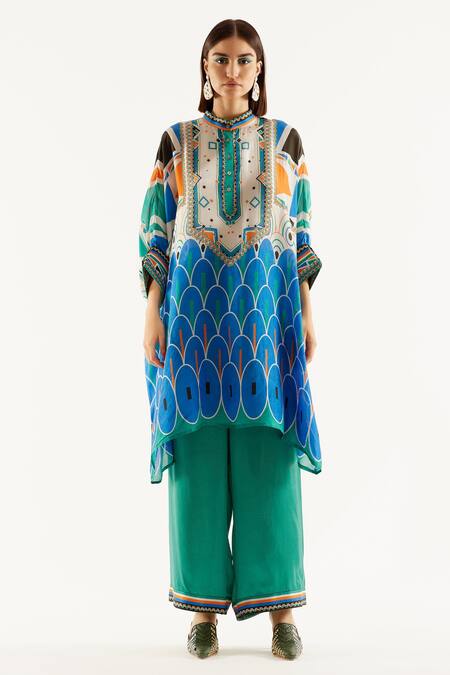 Buy_Rajdeep Ranawat_Multi Color Silk, Satin Geometric Band Chanel Printed Tunic And Palazzo Set_Online_at_Aza_Fashions