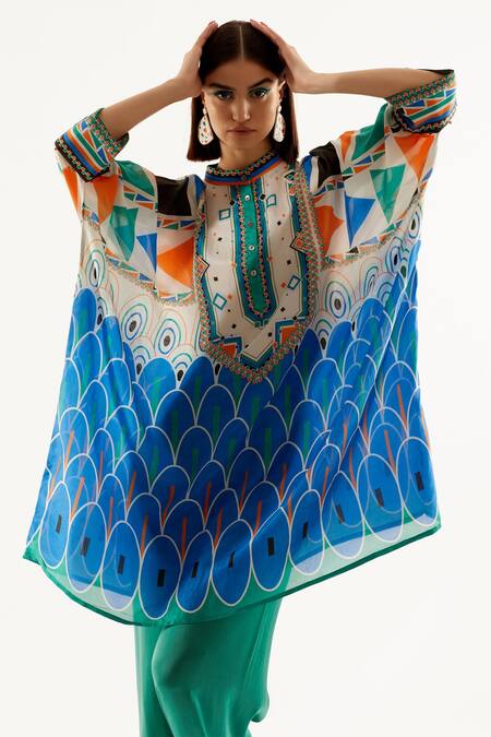 Shop_Rajdeep Ranawat_Multi Color Silk, Satin Geometric Band Chanel Printed Tunic And Palazzo Set_Online_at_Aza_Fashions