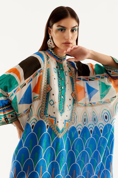 Rajdeep Ranawat_Multi Color Silk, Satin Geometric Band Chanel Printed Tunic And Palazzo Set_at_Aza_Fashions