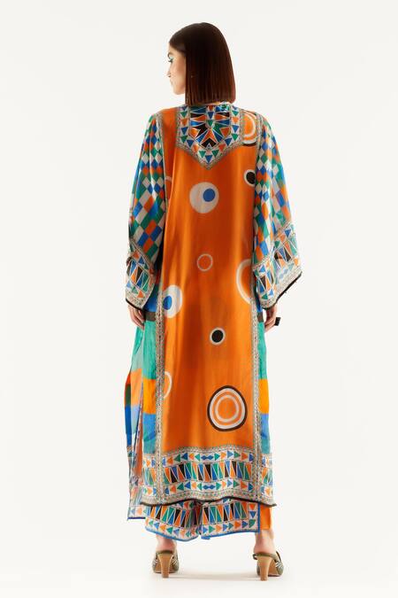Shop Rajdeep Ranawat Orange Silk Geometric Band Collar Gayatri Tunic at Aza Fashions Shop_Rajdeep Ranawat_Orange Silk Geometric Band Collar Gayatri Tunic_at_Aza_Fashions