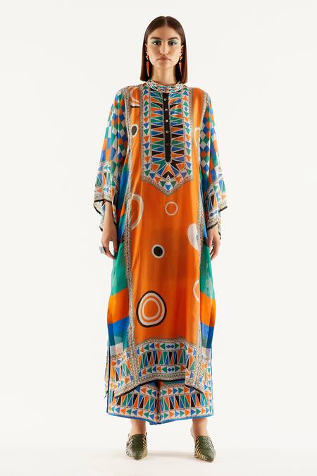 Rajdeep Ranawat Orange Silk Geometric Band Collar Gayatri Tunic Online at Aza Fashions Rajdeep Ranawat_Orange Silk Geometric Band Collar Gayatri Tunic_Online_at_Aza_Fashions