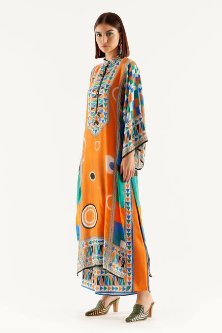 Shop Rajdeep Ranawat Orange Silk Geometric Band Collar Gayatri Tunic Online at Aza Fashions Shop_Rajdeep Ranawat_Orange Silk Geometric Band Collar Gayatri Tunic_Online_at_Aza_Fashions