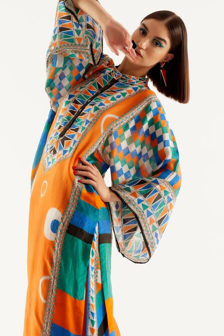 Shop_Rajdeep Ranawat_Orange Silk, Satin Geometric Band Collar Gayatri Tunic And Layered Pant Set _Online_at_Aza_Fashions