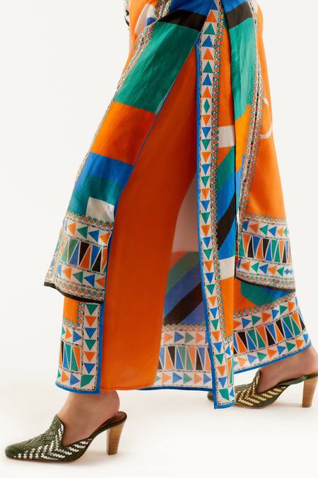 Rajdeep Ranawat_Orange Silk, Satin Geometric Band Collar Gayatri Tunic And Layered Pant Set _at_Aza_Fashions