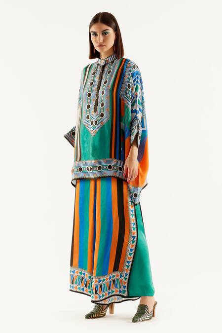 Rajdeep Ranawat Green Silk Geometric Band Collar Chanel Printed Tunic