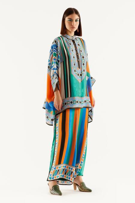 Rajdeep Ranawat_Green Silk Geometric Band Collar Chanel Printed Tunic_Online_at_Aza_Fashions