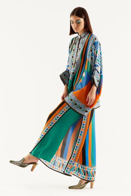 Buy_Rajdeep Ranawat_Green Silk Geometric Band Collar Chanel Printed Tunic_Online_at_Aza_Fashions